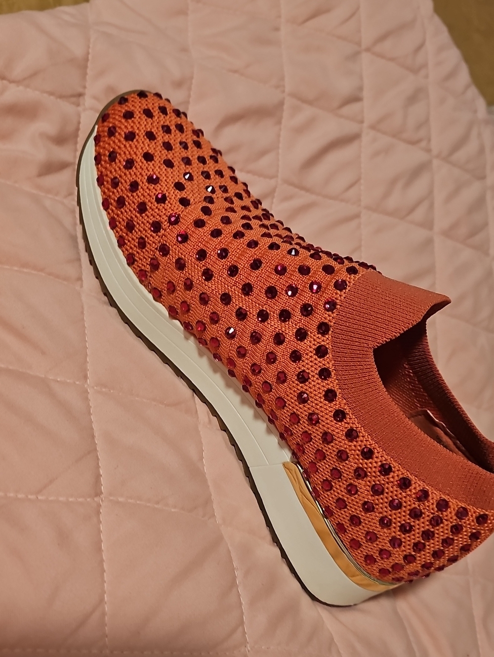 Ever New Orange Knit Slip-On Sneaker with Pink Crystal Accents